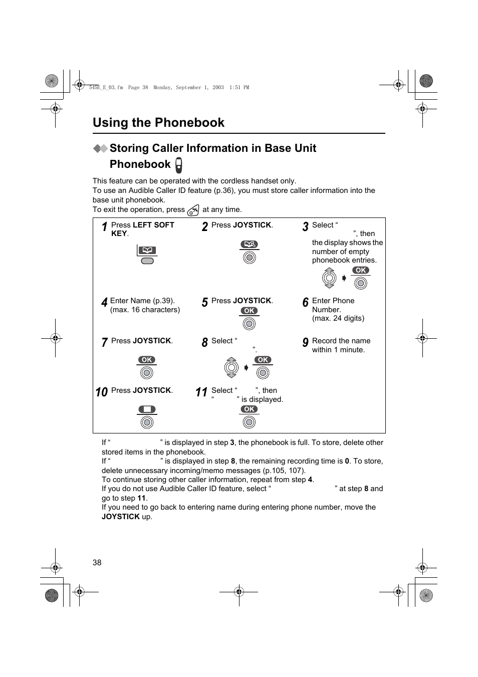 Using the phonebook, Storing caller information in base unit phonebook | Panasonic KX-TCD545E User Manual | Page 38 / 129