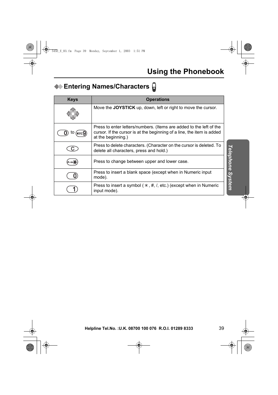 Using the phonebook, Entering names/characters | Panasonic KX-TCD545E User Manual | Page 39 / 129