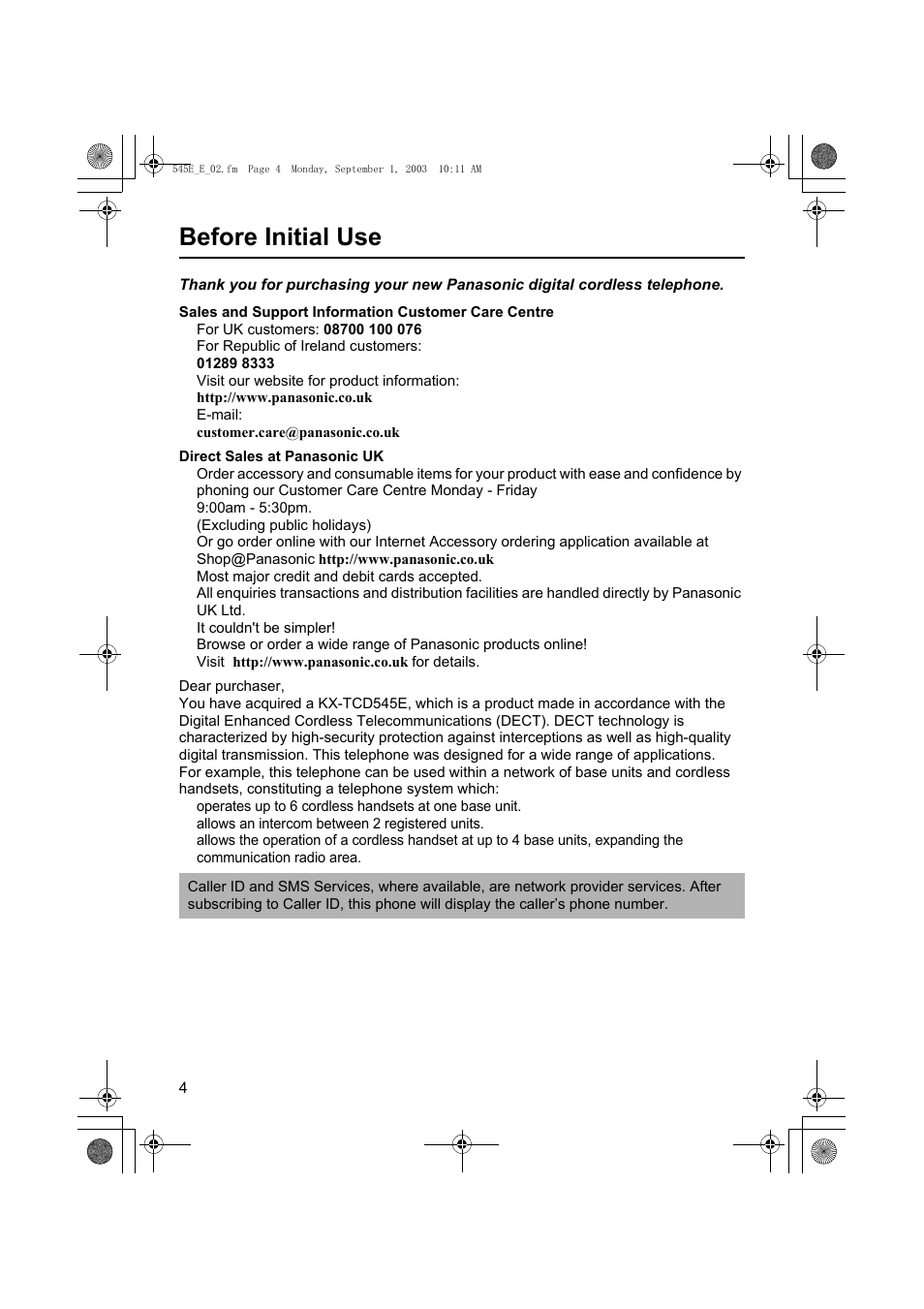 Before initial use | Panasonic KX-TCD545E User Manual | Page 4 / 129