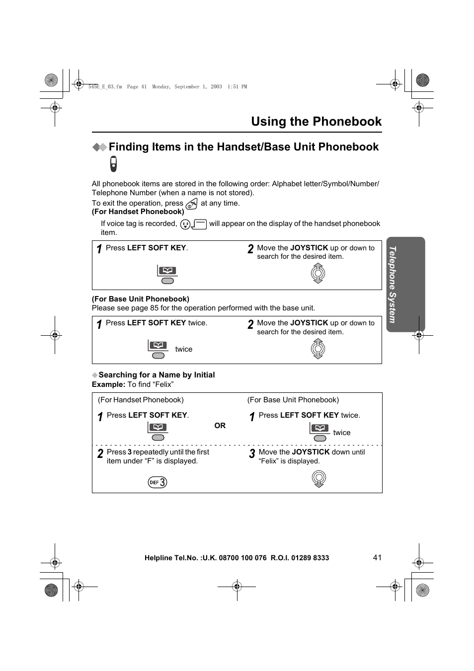 Using the phonebook, Finding items in the handset/base unit phonebook | Panasonic KX-TCD545E User Manual | Page 41 / 129