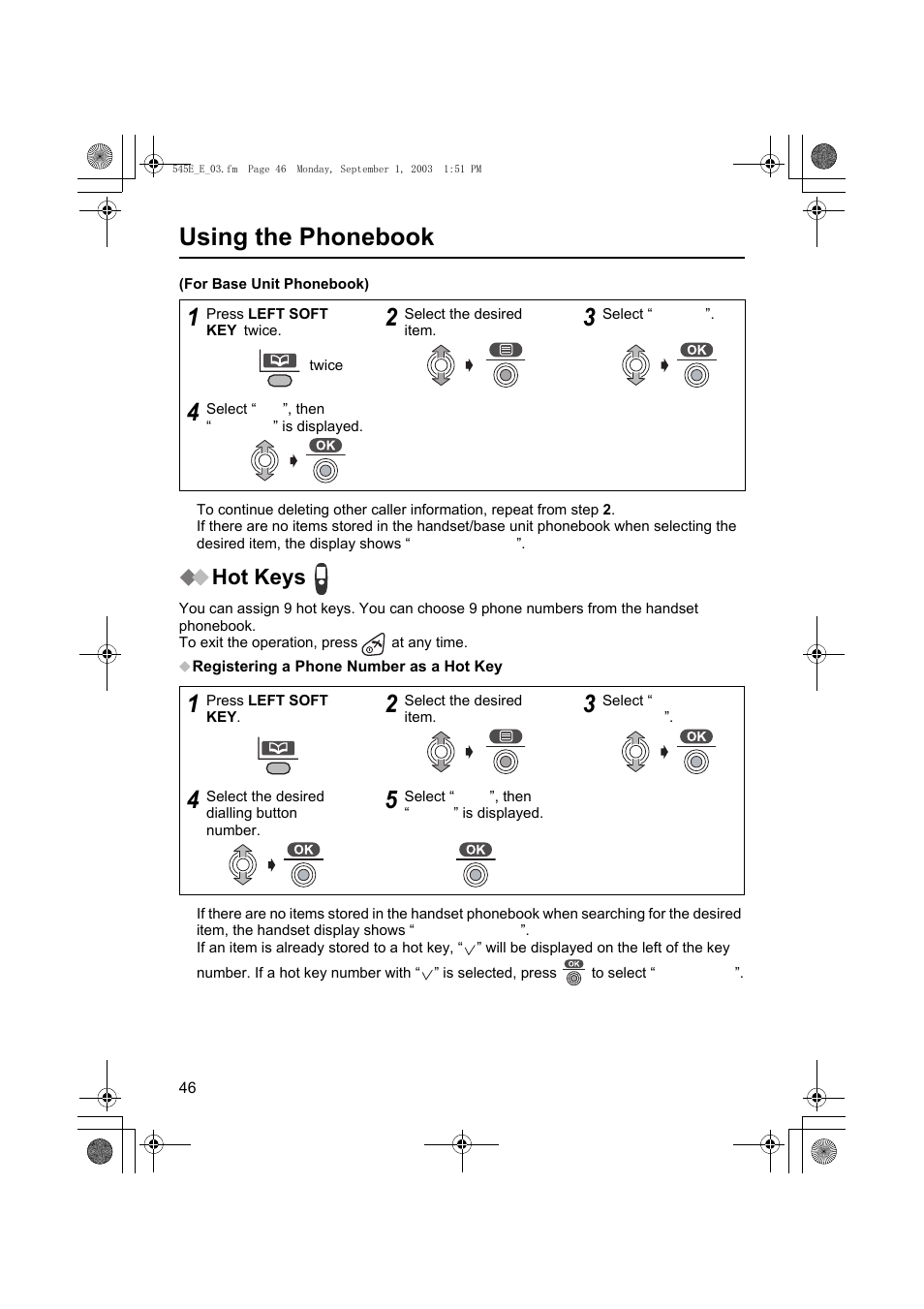 Using the phonebook, Hot keys | Panasonic KX-TCD545E User Manual | Page 46 / 129