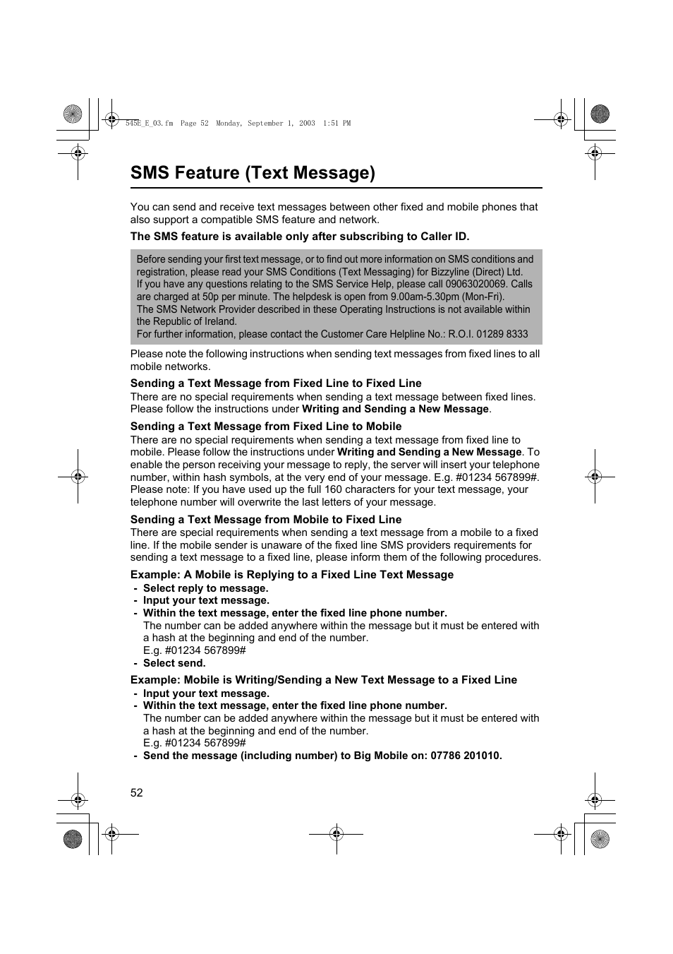 Sms feature (text message) | Panasonic KX-TCD545E User Manual | Page 52 / 129