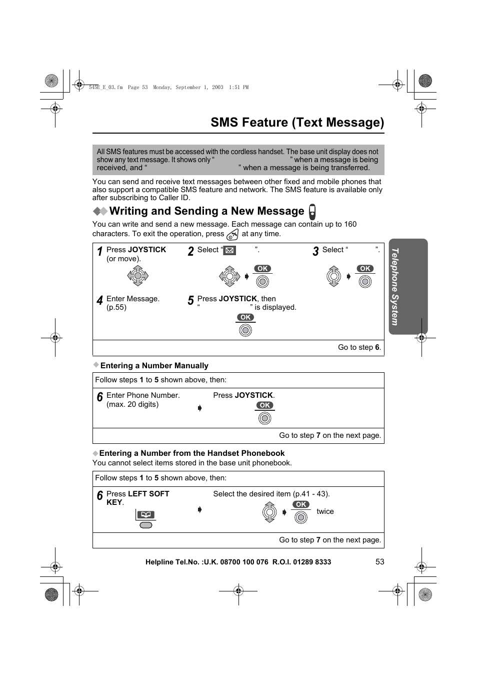 Sms feature (text message), Writing and sending a new message | Panasonic KX-TCD545E User Manual | Page 53 / 129