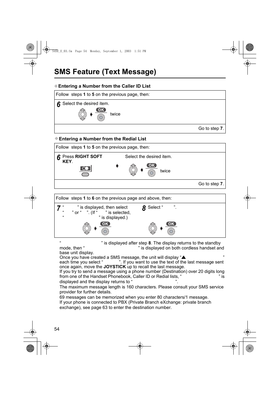 Sms feature (text message) | Panasonic KX-TCD545E User Manual | Page 54 / 129