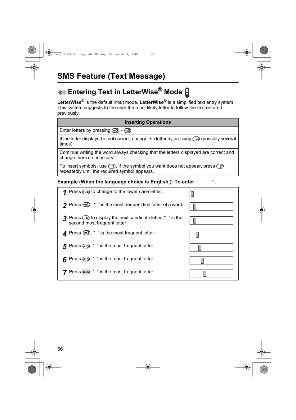 Sms feature (text message), Entering text in letterwise, Mode | Panasonic KX-TCD545E User Manual | Page 56 / 129