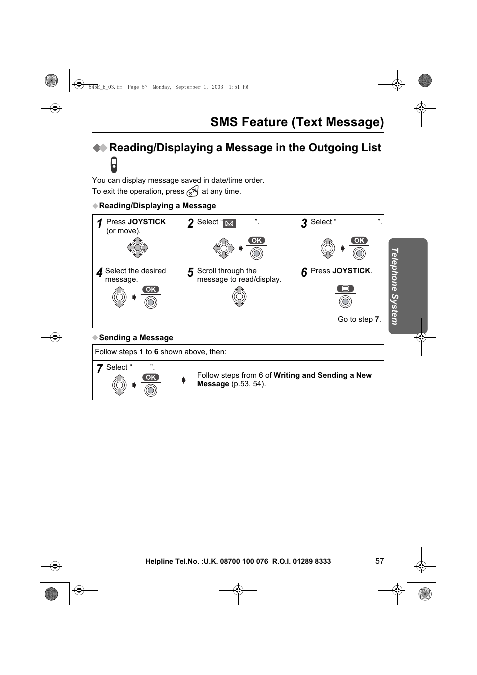 Sms feature (text message), Reading/displaying a message in the outgoing list | Panasonic KX-TCD545E User Manual | Page 57 / 129