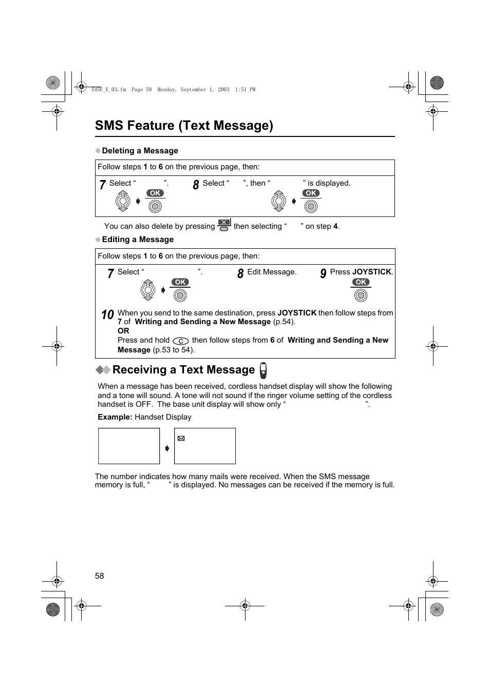 Sms feature (text message), Receiving new sms, Receiving a text message | Panasonic KX-TCD545E User Manual | Page 58 / 129