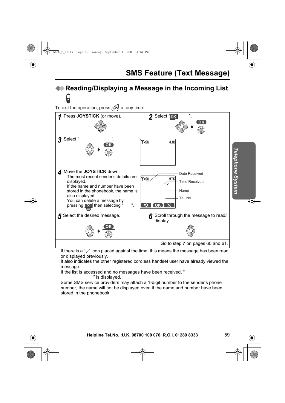 Sms feature (text message), New 2 total 10, Reading/displaying a message in the incoming list | Panasonic KX-TCD545E User Manual | Page 59 / 129