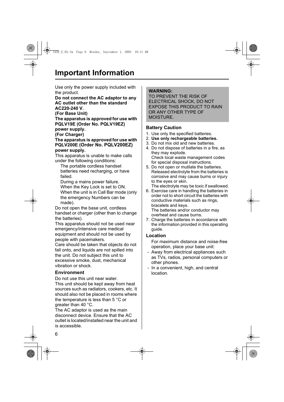 Important information | Panasonic KX-TCD545E User Manual | Page 6 / 129