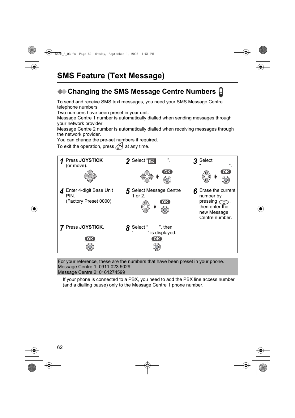 Sms feature (text message), Changing the sms message centre numbers | Panasonic KX-TCD545E User Manual | Page 62 / 129