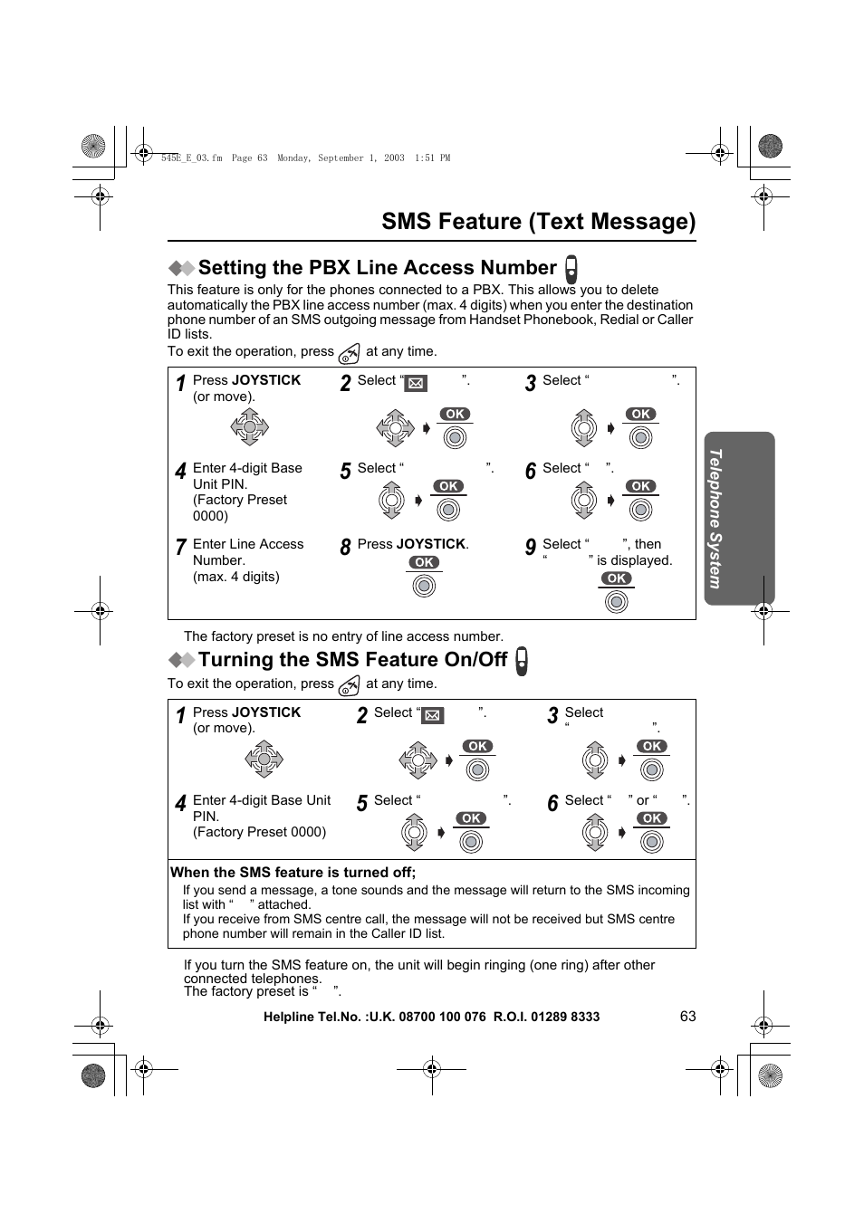 Sms feature (text message), Setting the pbx line access number, Turning the sms feature on/off | Panasonic KX-TCD545E User Manual | Page 63 / 129