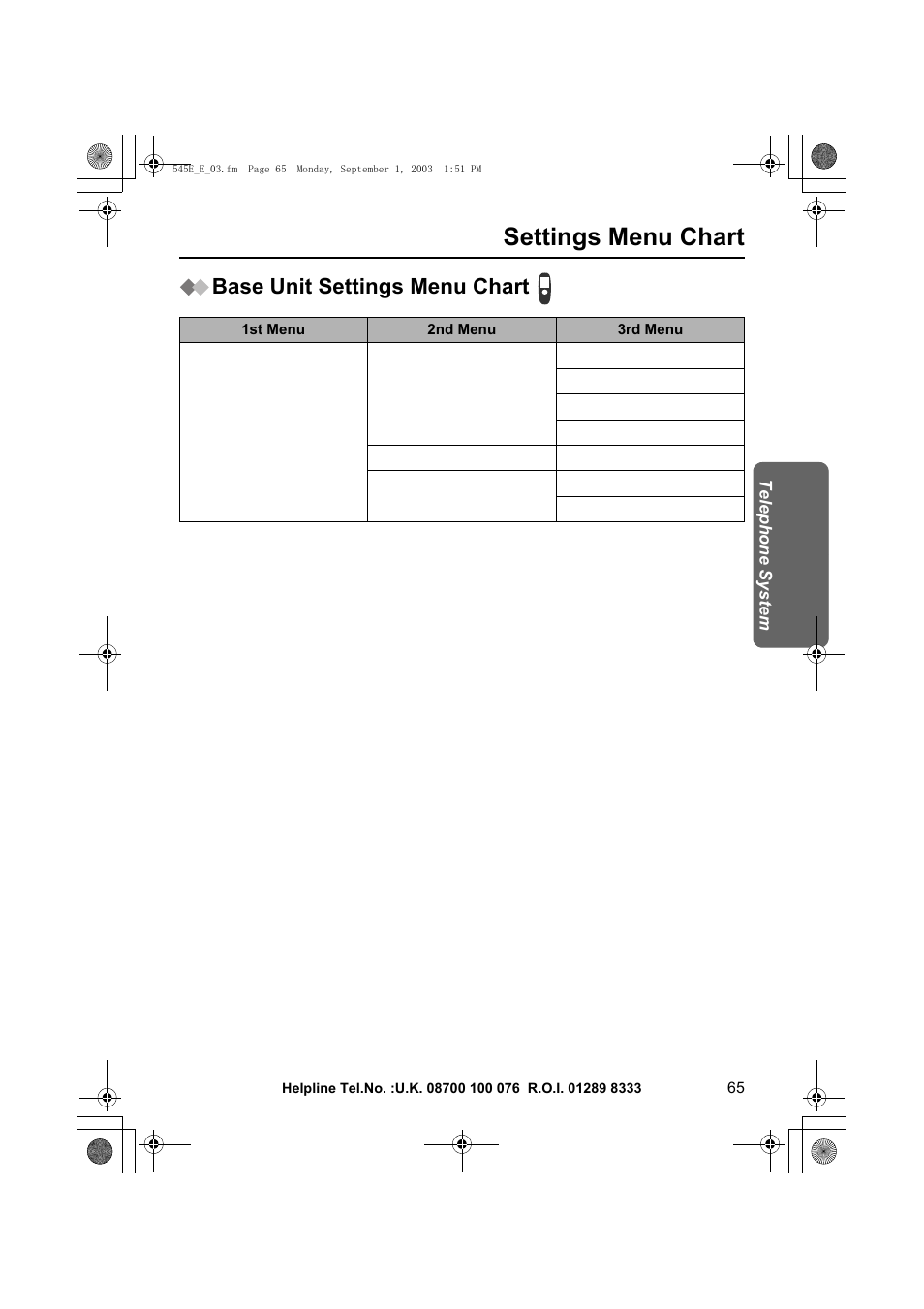 Settings menu chart, Base unit settings menu chart | Panasonic KX-TCD545E User Manual | Page 65 / 129