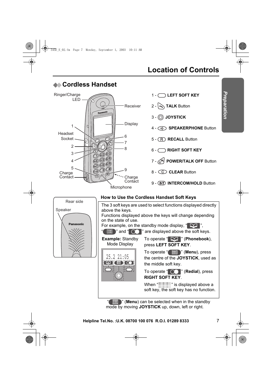 Location of controls, Cordless handset | Panasonic KX-TCD545E User Manual | Page 7 / 129