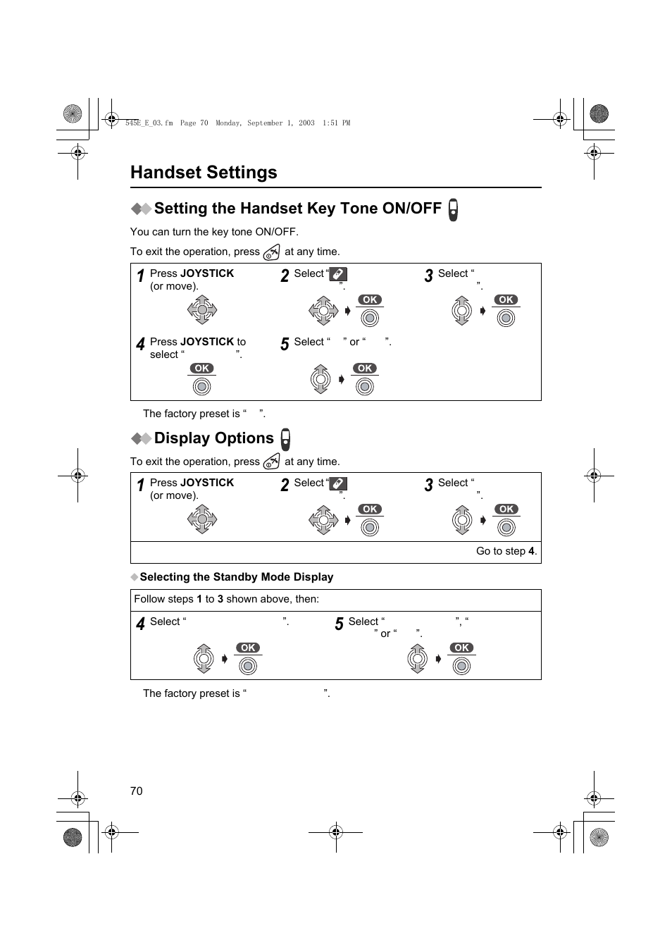 Handset settings, Setting the handset key tone on/off, Display options | Panasonic KX-TCD545E User Manual | Page 70 / 129