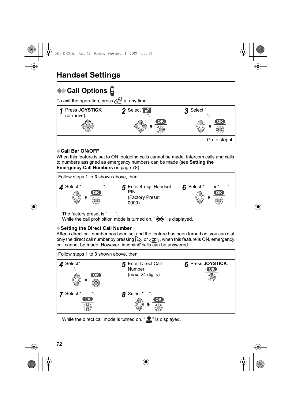 Handset settings, Call options | Panasonic KX-TCD545E User Manual | Page 72 / 129