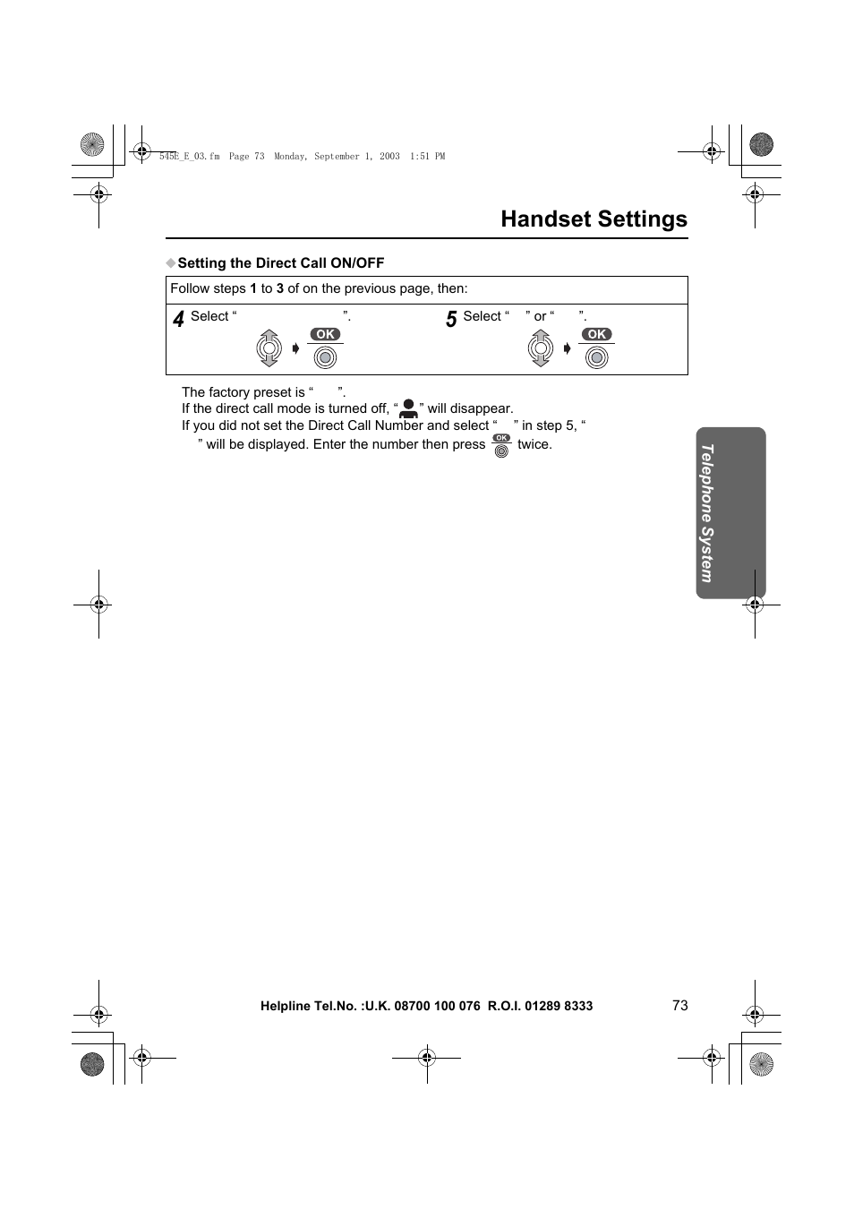 Handset settings | Panasonic KX-TCD545E User Manual | Page 73 / 129