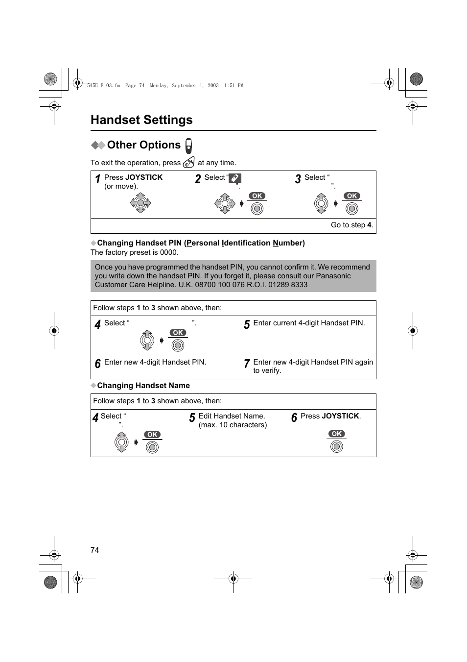 Handset settings, Other options | Panasonic KX-TCD545E User Manual | Page 74 / 129