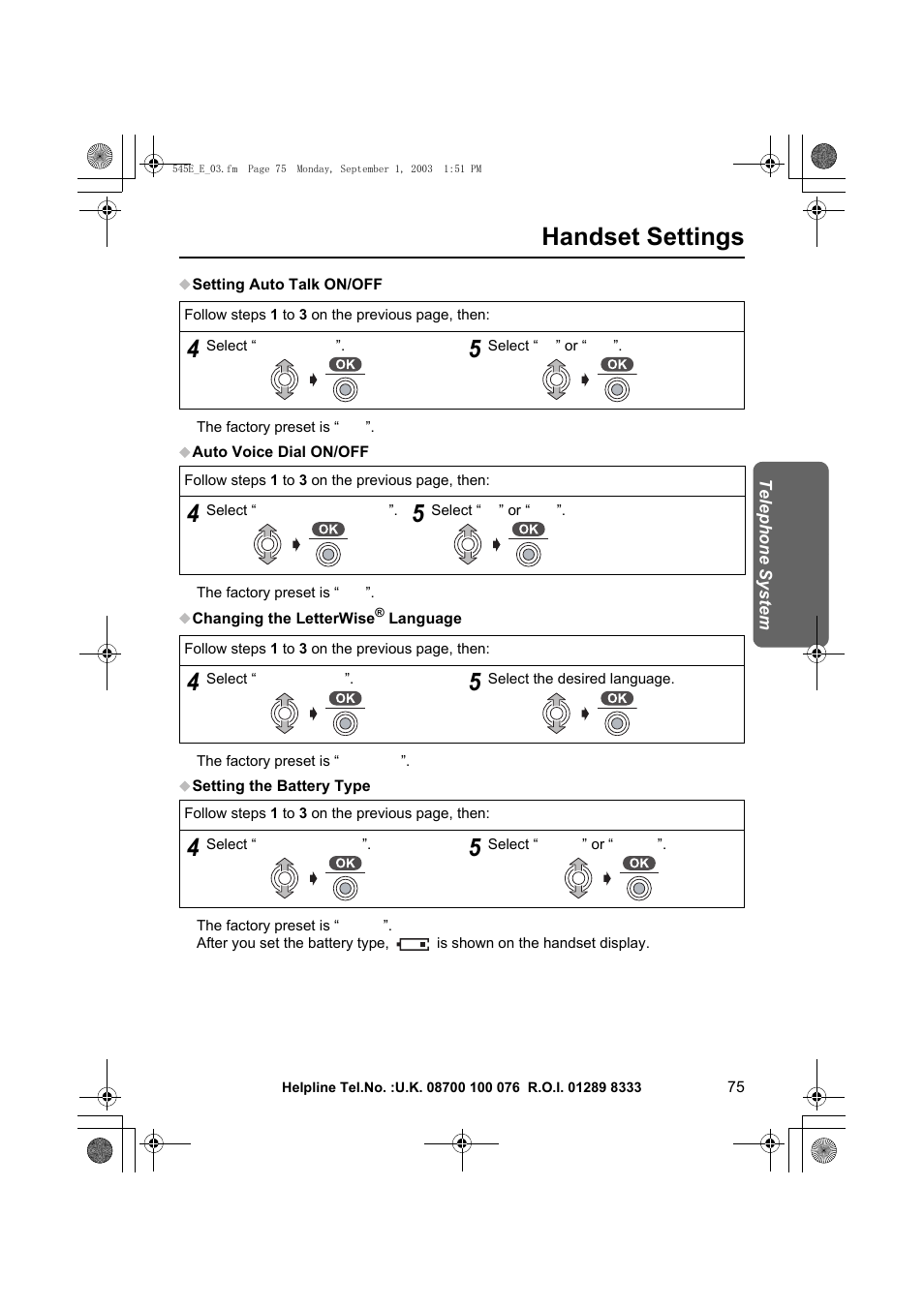 Handset settings | Panasonic KX-TCD545E User Manual | Page 75 / 129