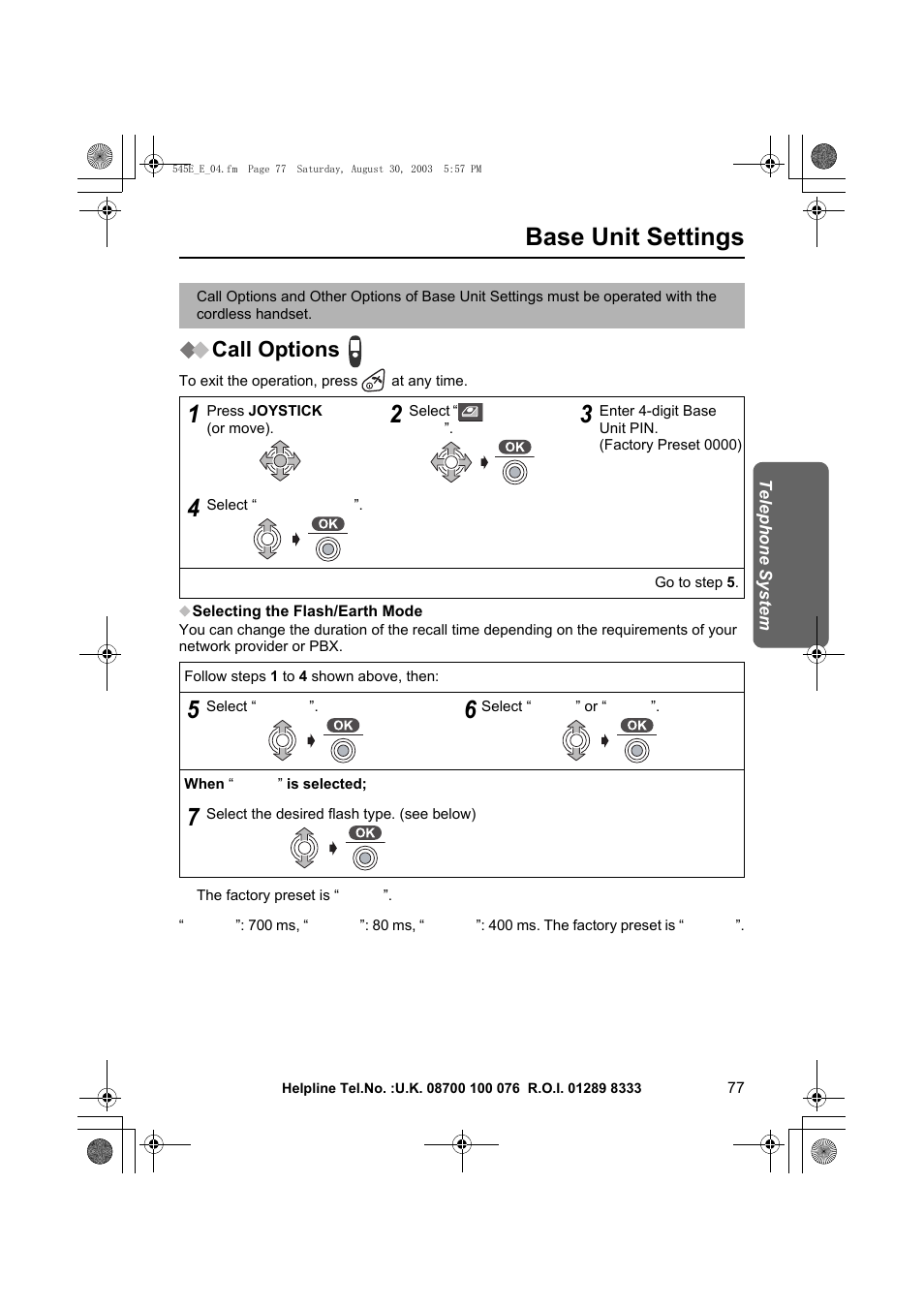 Base unit settings, Call options | Panasonic KX-TCD545E User Manual | Page 77 / 129