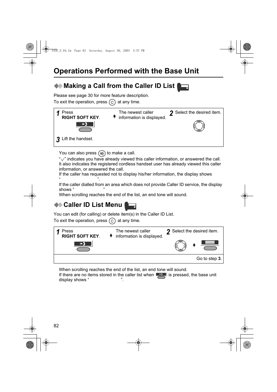 Operations performed with the base unit, Making a call from the caller id list, Caller id list menu | Panasonic KX-TCD545E User Manual | Page 82 / 129