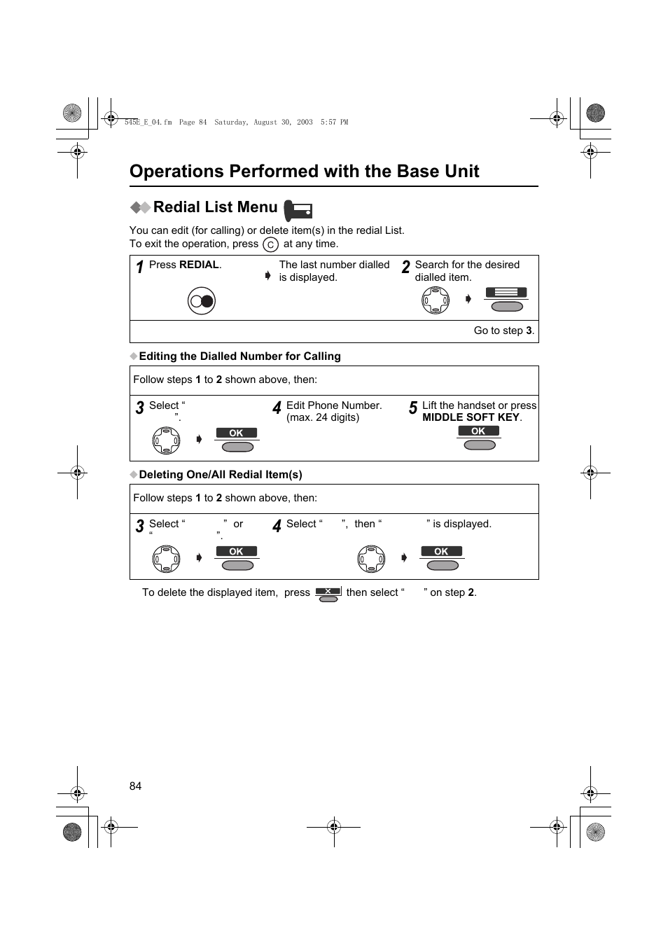 Operations performed with the base unit, Redial list menu | Panasonic KX-TCD545E User Manual | Page 84 / 129