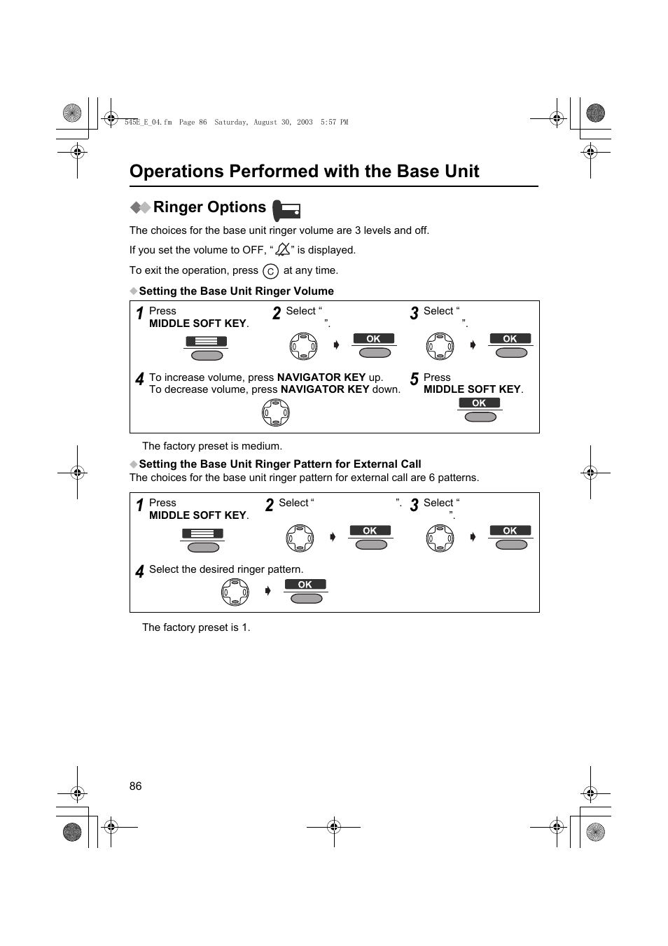 Operations performed with the base unit, Ringer options | Panasonic KX-TCD545E User Manual | Page 86 / 129