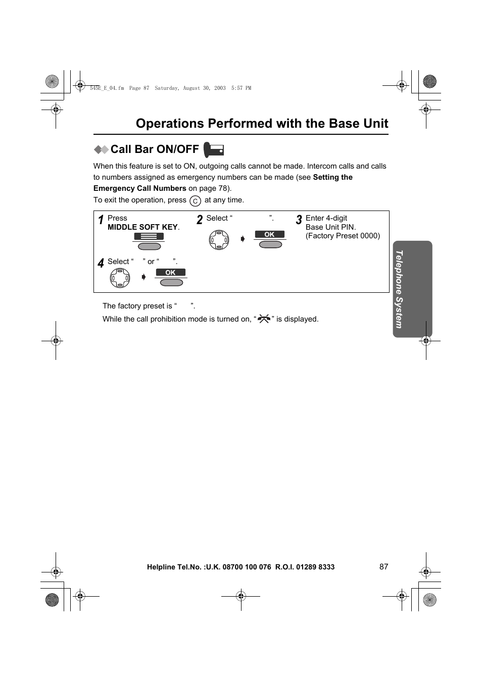 Operations performed with the base unit, Call bar on/off | Panasonic KX-TCD545E User Manual | Page 87 / 129