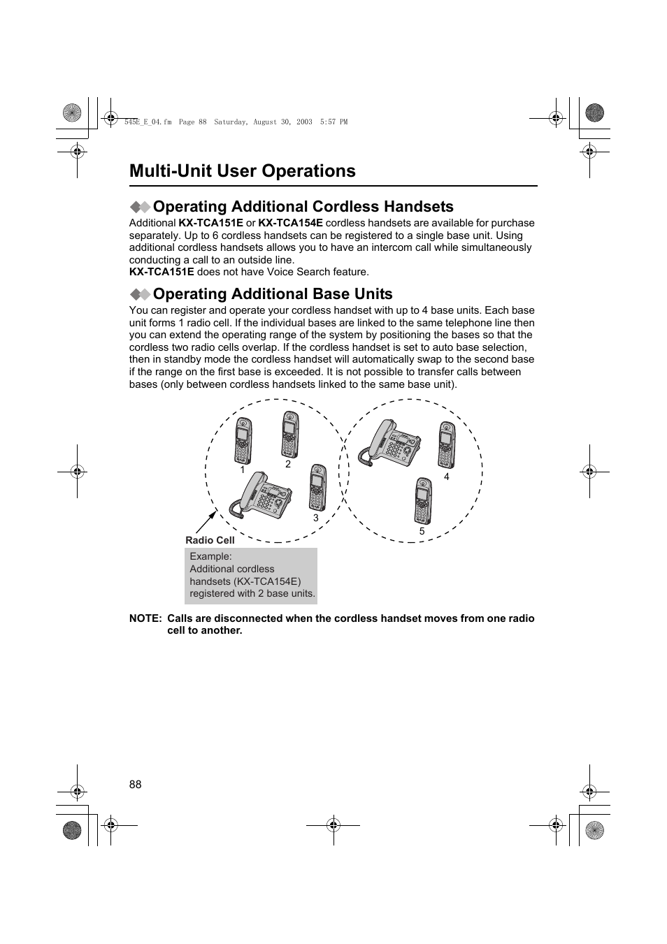 Multi-unit user operations, Operating additional cordless handsets, Operating additional base units | Panasonic KX-TCD545E User Manual | Page 88 / 129