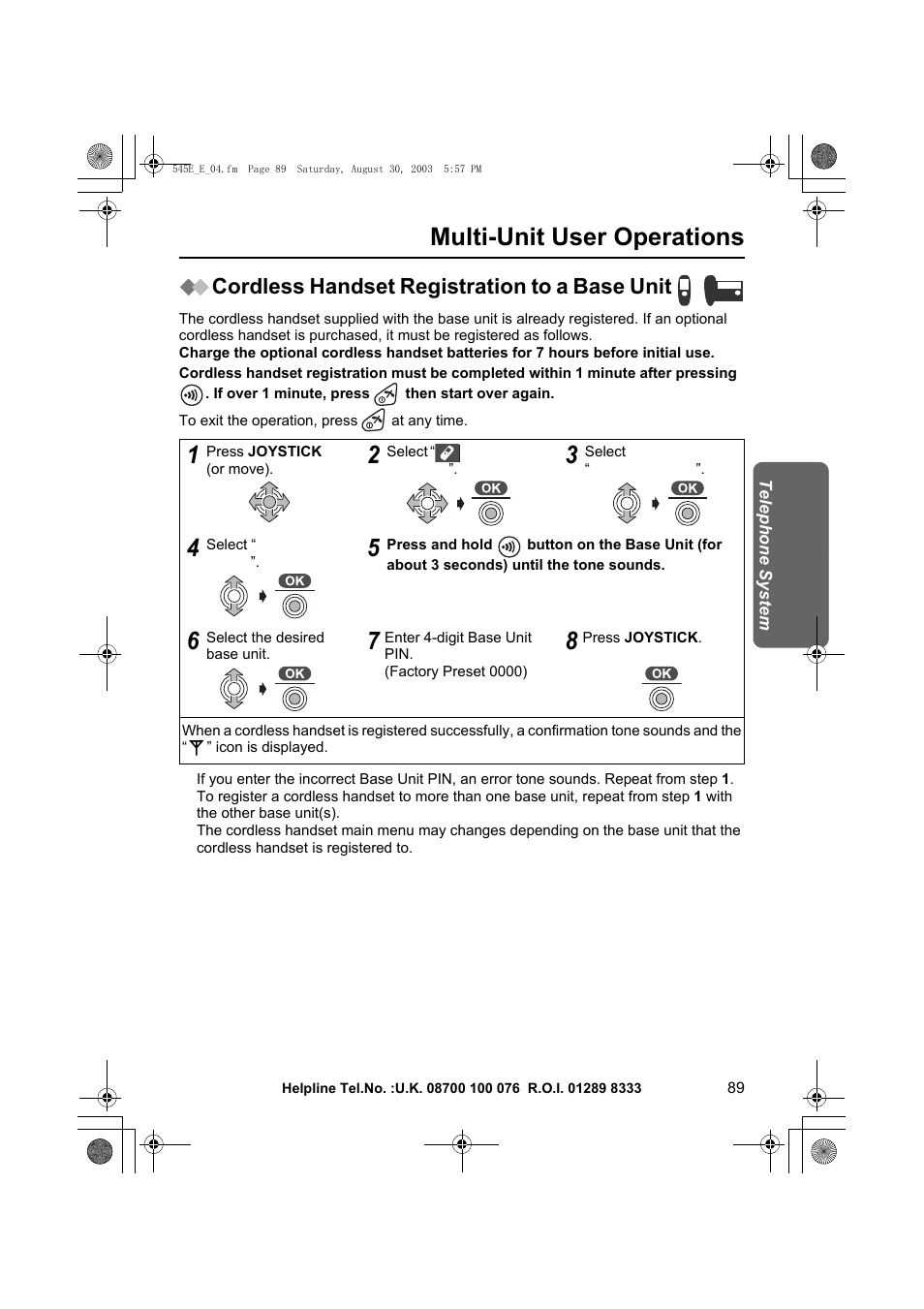 Multi-unit user operations, Cordless handset registration to a base unit | Panasonic KX-TCD545E User Manual | Page 89 / 129