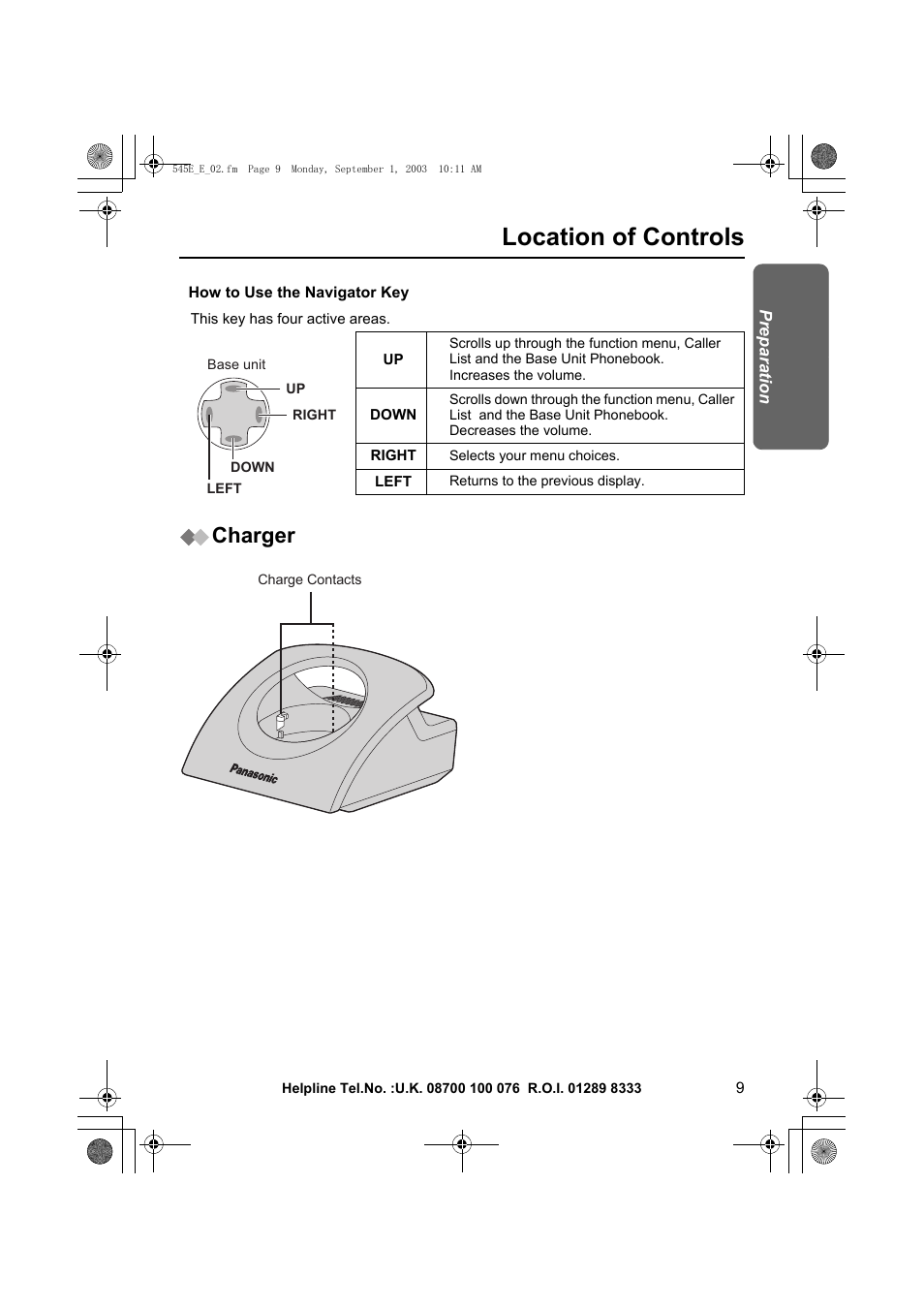 Location of controls, Charger | Panasonic KX-TCD545E User Manual | Page 9 / 129