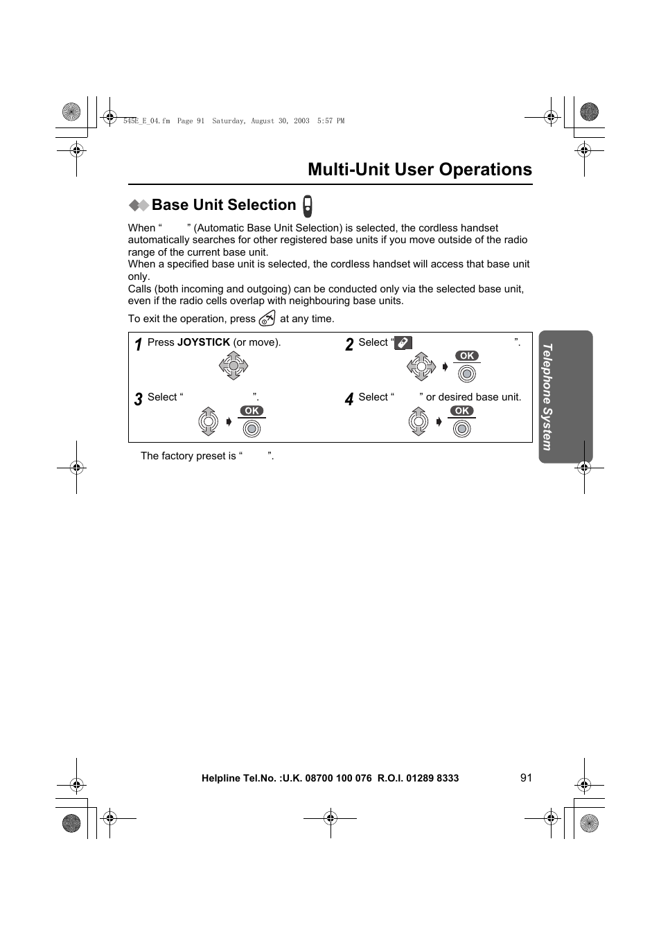 Multi-unit user operations, Base unit selection | Panasonic KX-TCD545E User Manual | Page 91 / 129