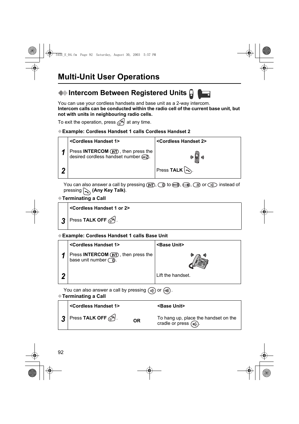 Multi-unit user operations, Intercom between registered units | Panasonic KX-TCD545E User Manual | Page 92 / 129