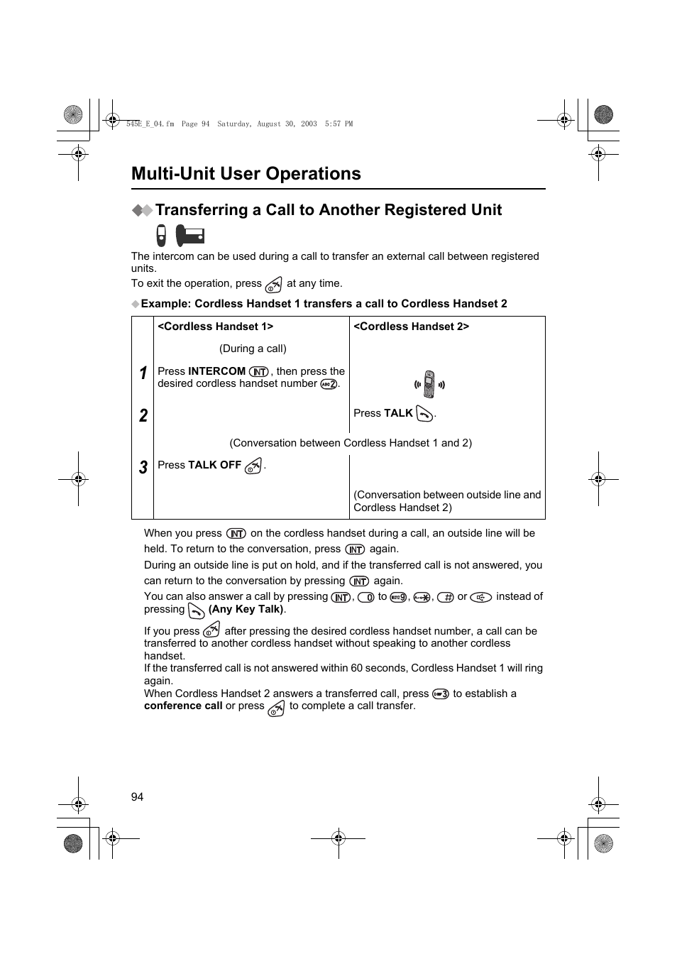 Multi-unit user operations, Transferring a call to another registered unit | Panasonic KX-TCD545E User Manual | Page 94 / 129