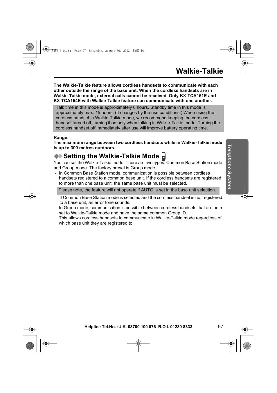 Walkie-talkie, Setting the walkie-talkie mode | Panasonic KX-TCD545E User Manual | Page 97 / 129