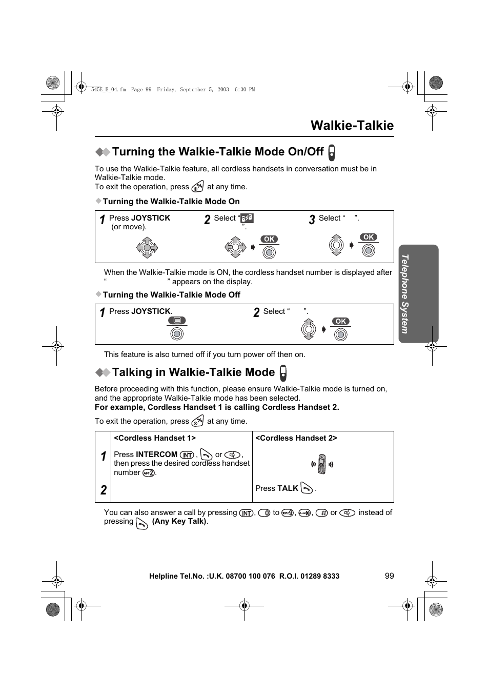 Walkie-talkie, Turning the walkie-talkie mode on/off, Talking in walkie-talkie mode | Panasonic KX-TCD545E User Manual | Page 99 / 129