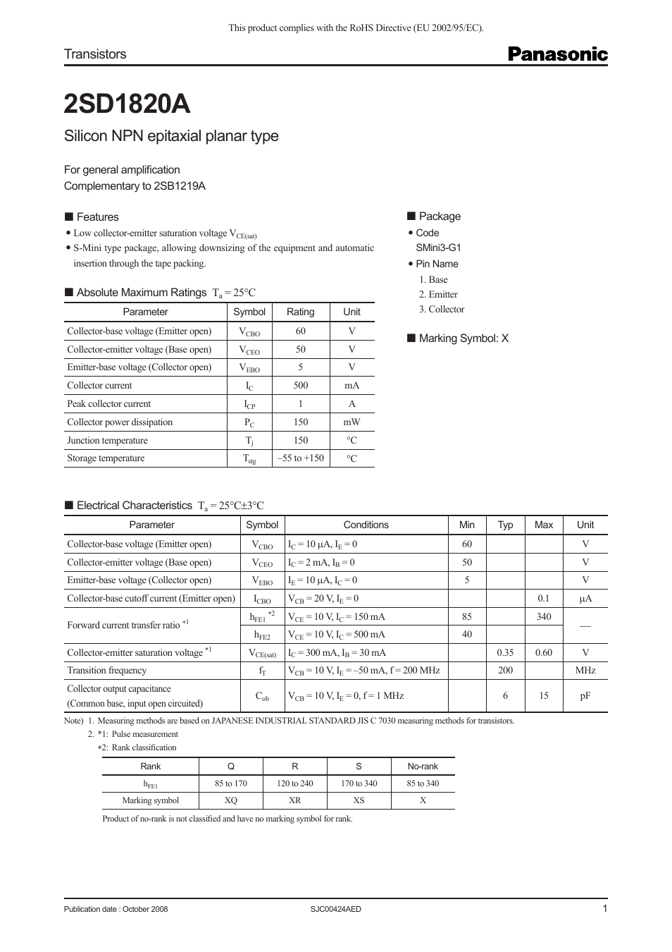 Panasonic 2SD1820A User Manual | 4 pages
