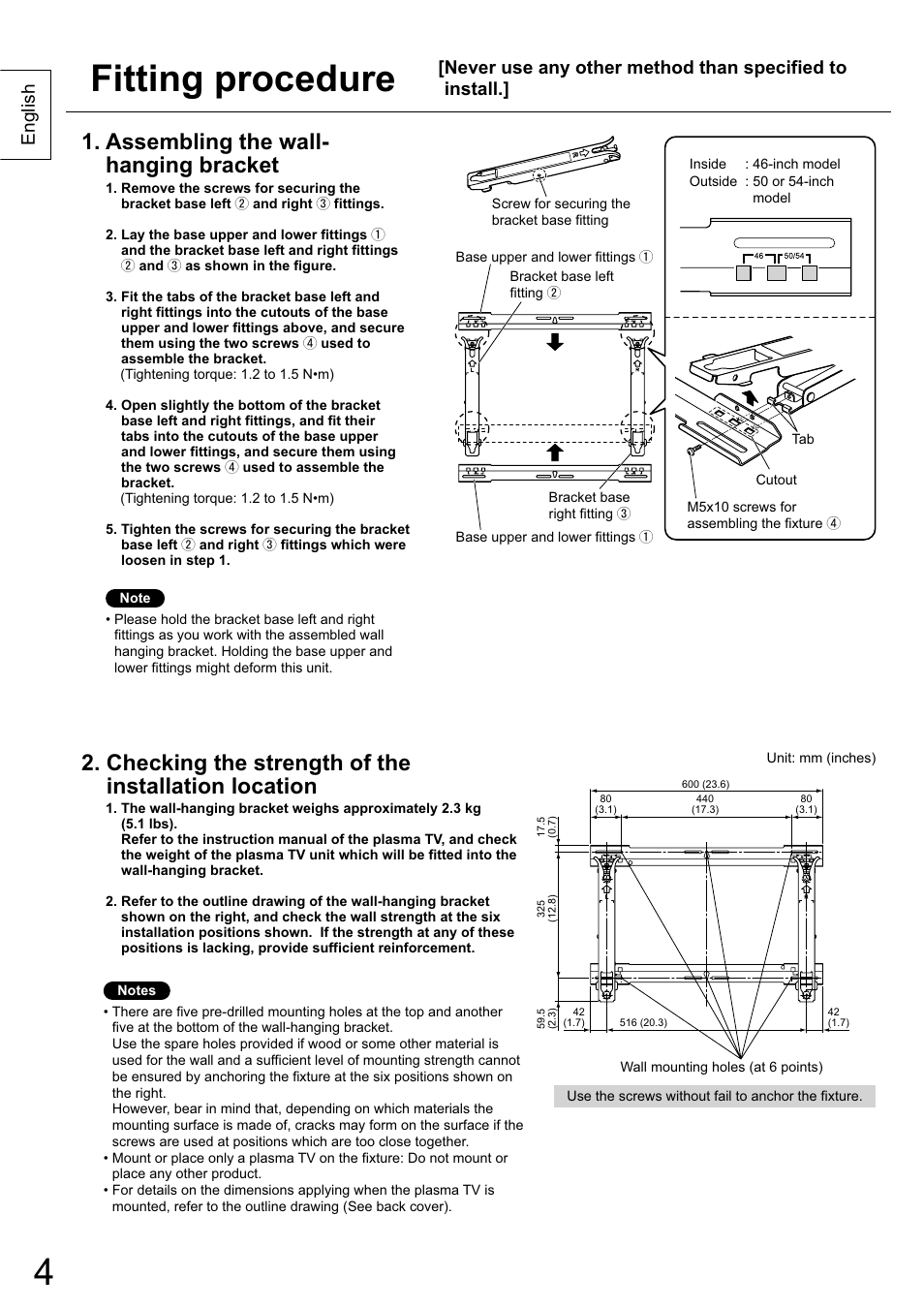 Fitting procedure, Assembling the wall- hanging bracket, Checking the strength of the installation location | English | Panasonic TY-WK5P1SW User Manual | Page 4 / 7