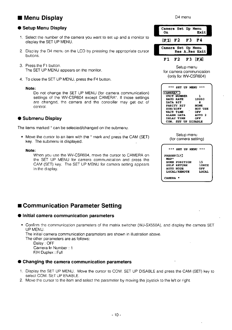 Menu display, Setup menu display, Note | Submenu display, If.ii f2 f3 f4, Fi f2 f3 ip:41, Communication parameter setting, E initial camera communication parameters, Changing the camera communication parameters | Panasonic WV-BS504 User Manual | Page 12 / 40