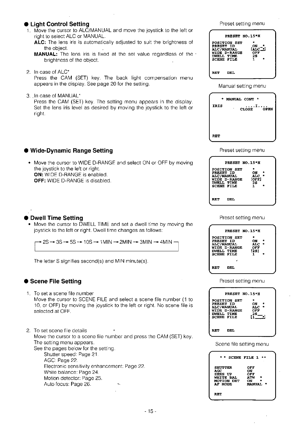 Light control setting, Wide-dynamic range setting, Dwell time setting | Scene file setting, R~ ------------------------------- n | Panasonic WV-BS504 User Manual | Page 17 / 40