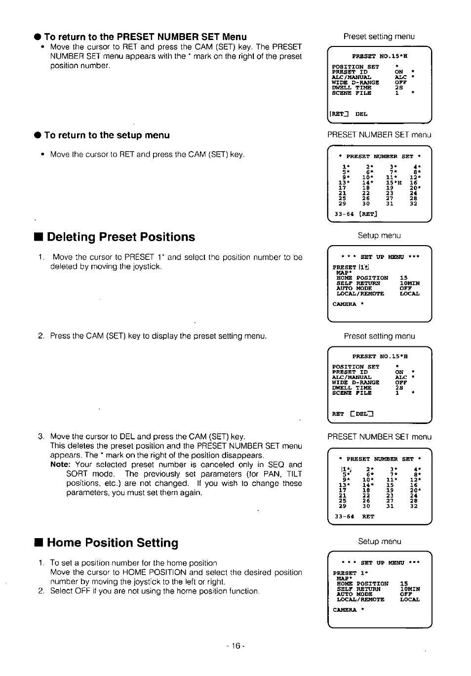 To return to the preset number set menu, To return to the setup menu, Deleting preset positions | Home position setting, Preset setting menu | Panasonic WV-BS504 User Manual | Page 18 / 40