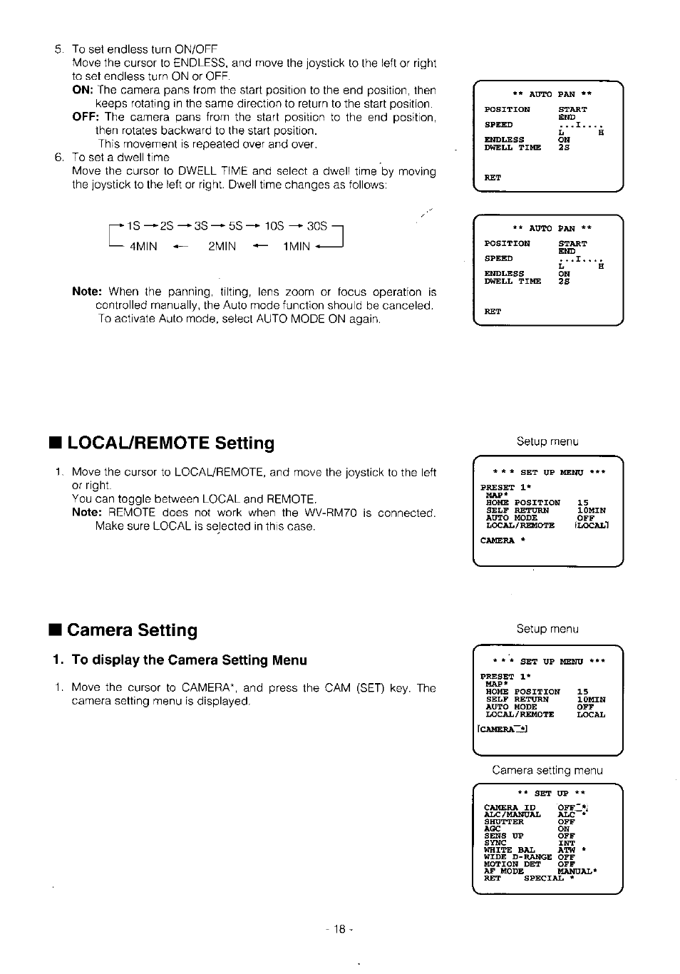 Local/remote setting, Camera setting, To display the camera setting menu | Panasonic WV-BS504 User Manual | Page 20 / 40