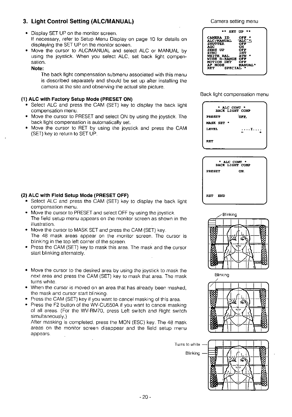 1) alc with factory setup mode (preset on), 2) alc with field setup mode (preset off), Light control setting (alc/manual) | Panasonic WV-BS504 User Manual | Page 22 / 40