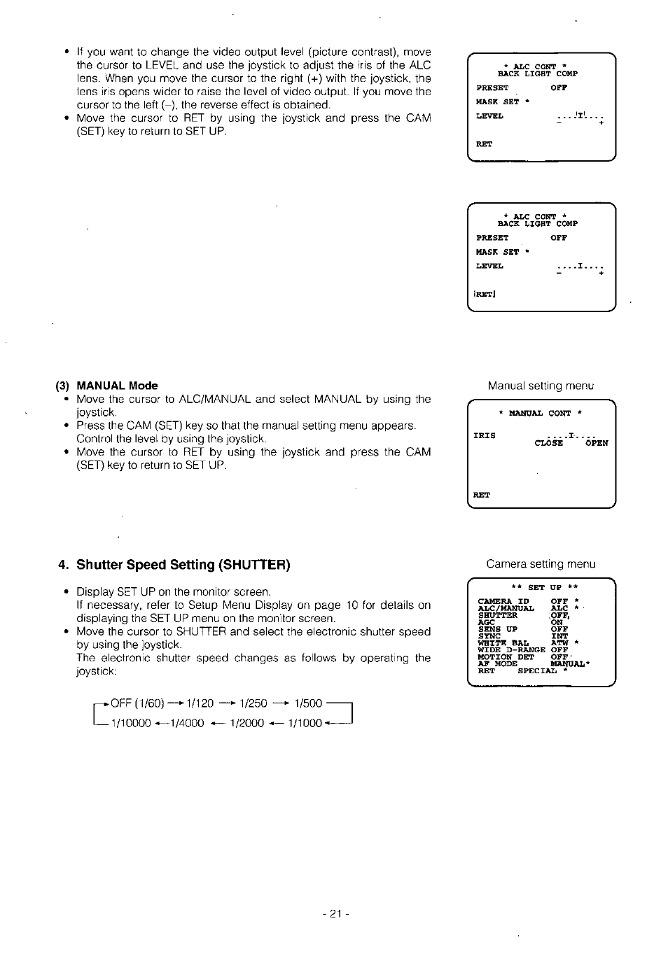 3) manual mode, Shutter speed setting (shutter) | Panasonic WV-BS504 User Manual | Page 23 / 40