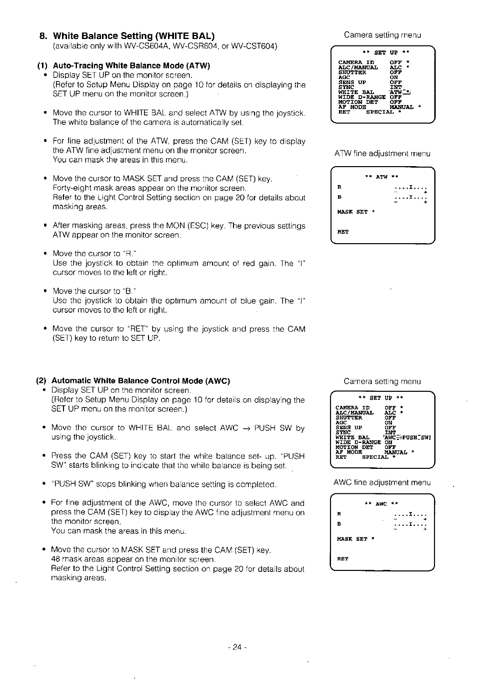 White balance setting (white bal), 1) auto-tracing white balance mode (atw), 2) automatic white balance control mode (awc) | Panasonic WV-BS504 User Manual | Page 26 / 40