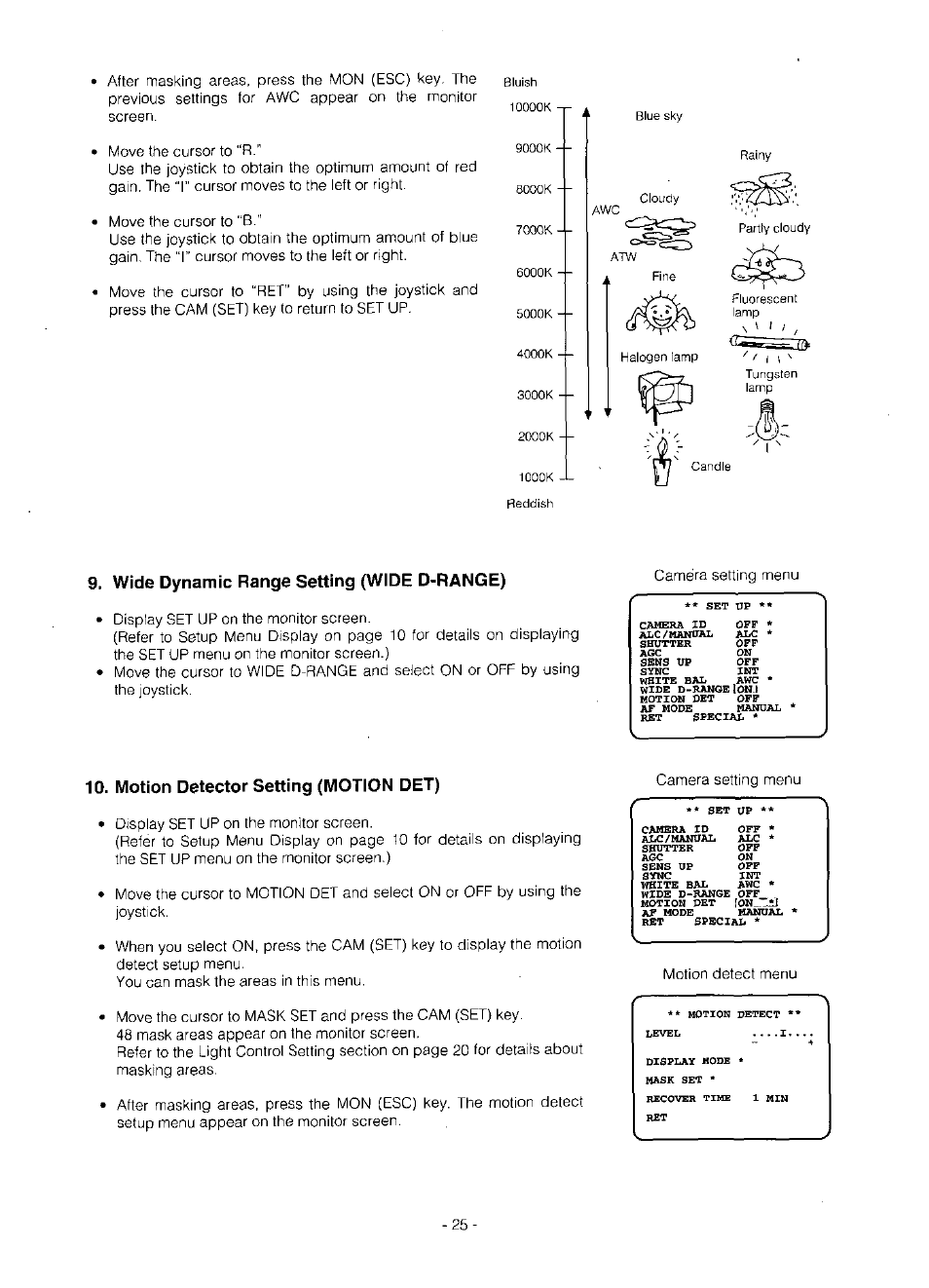 Wide dynamic range setting (wide d-range), Motion detector setting (motion det) | Panasonic WV-BS504 User Manual | Page 27 / 40