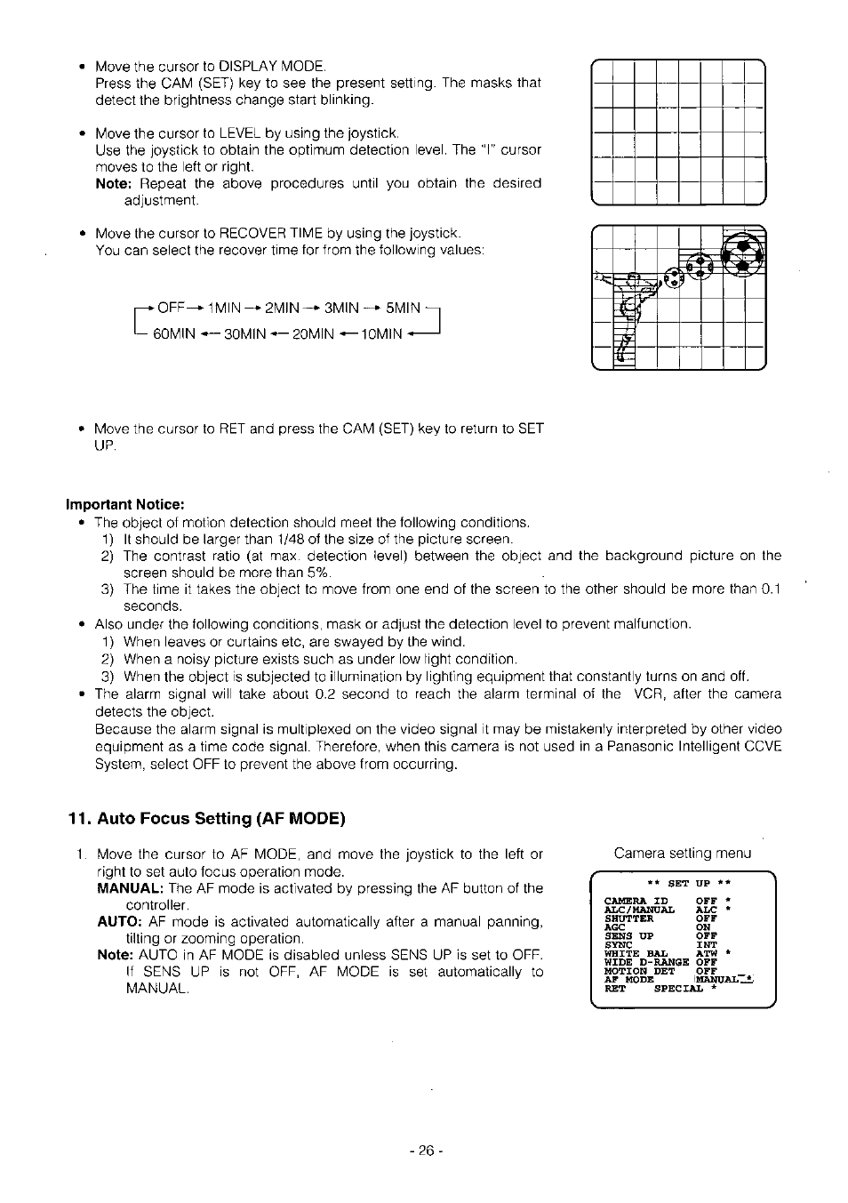 Important notice, Auto focus setting (af mode) | Panasonic WV-BS504 User Manual | Page 28 / 40