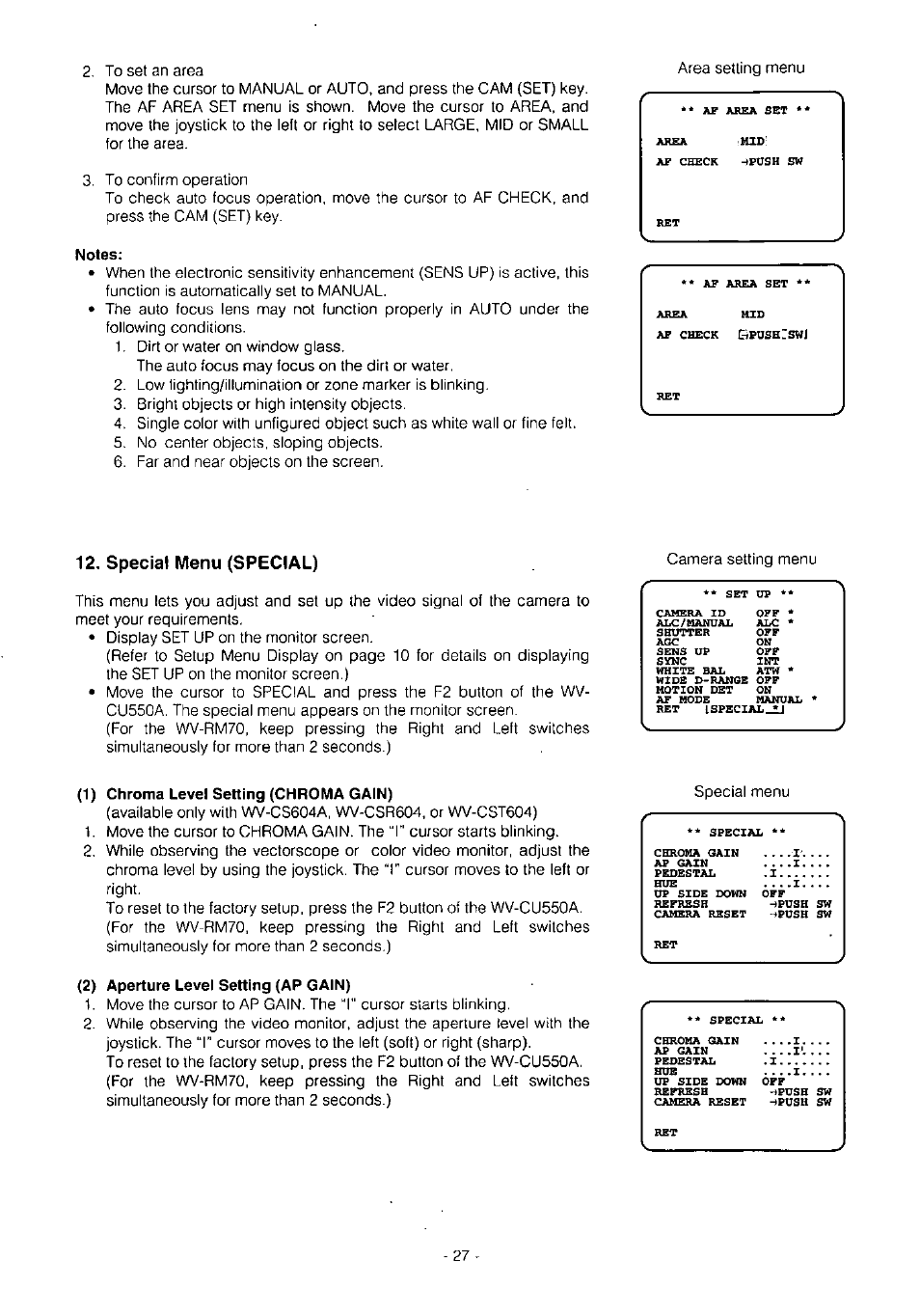 Notes, Special menu (special), 1) chroma level setting (chroma gain) | 2) aperture level setting (ap gain) | Panasonic WV-BS504 User Manual | Page 29 / 40