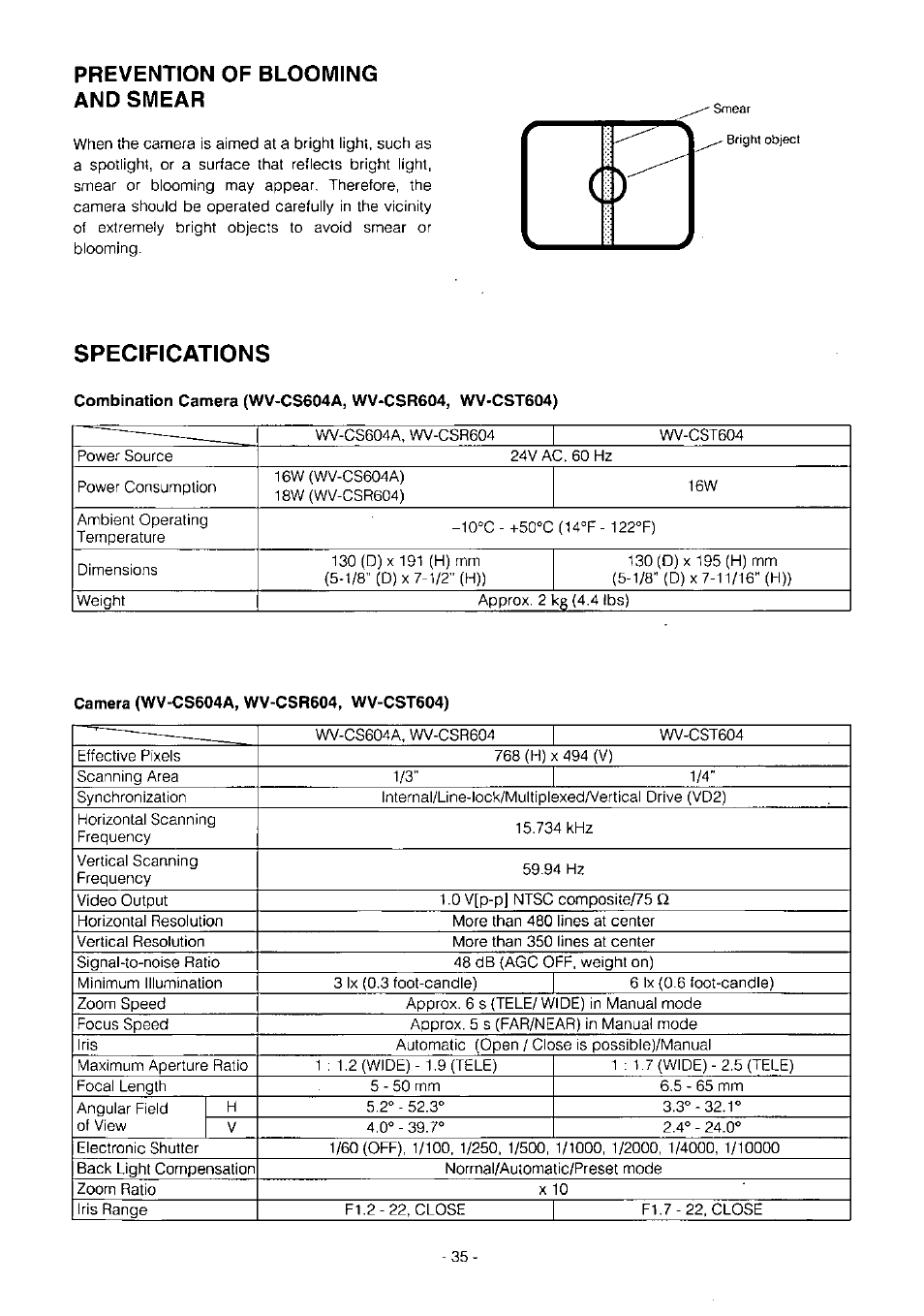 Prevention of blooming and smear, Specifications | Panasonic WV-BS504 User Manual | Page 37 / 40