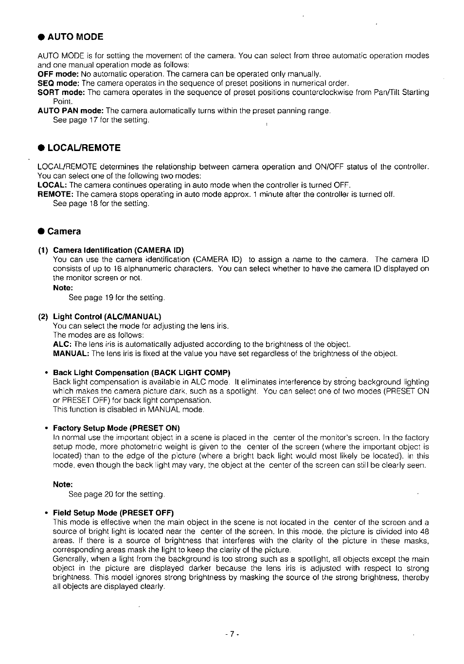 1) camera identification (camera id), 2) light control (alc/manual), Back light compensation (back light comp) | Factory setup mode (preset on), Note | Panasonic WV-BS504 User Manual | Page 9 / 40