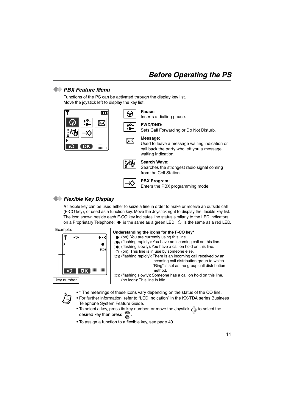 Pbx feature menu, Flexible key display, Pbx feature menu flexible key display | Before operating the ps | Panasonic KX-TCA155 User Manual | Page 11 / 50
